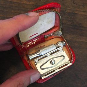 Vintage 60s Gilette Razor w Red Leather Mini Case